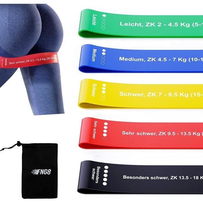 Lot De 5 Bandes Élastiques Musculation FNG8 – 5 Niveaux De Résistance – Latex Naturel Avec Exercices Imprimés En Français