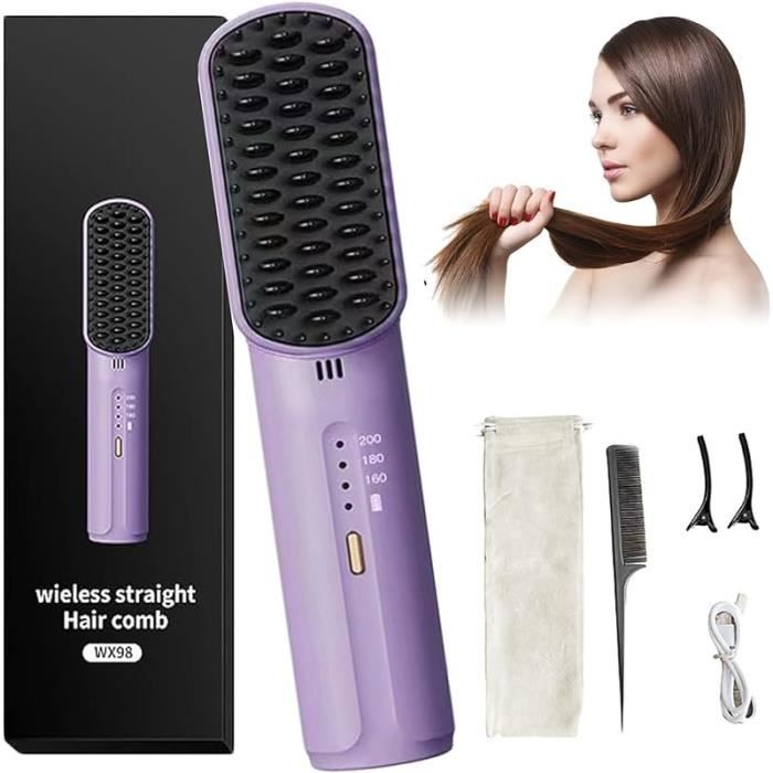 Portable sans fil Mini ion ngatif brosse cheveux lisse Hot Comb pour femmes violet