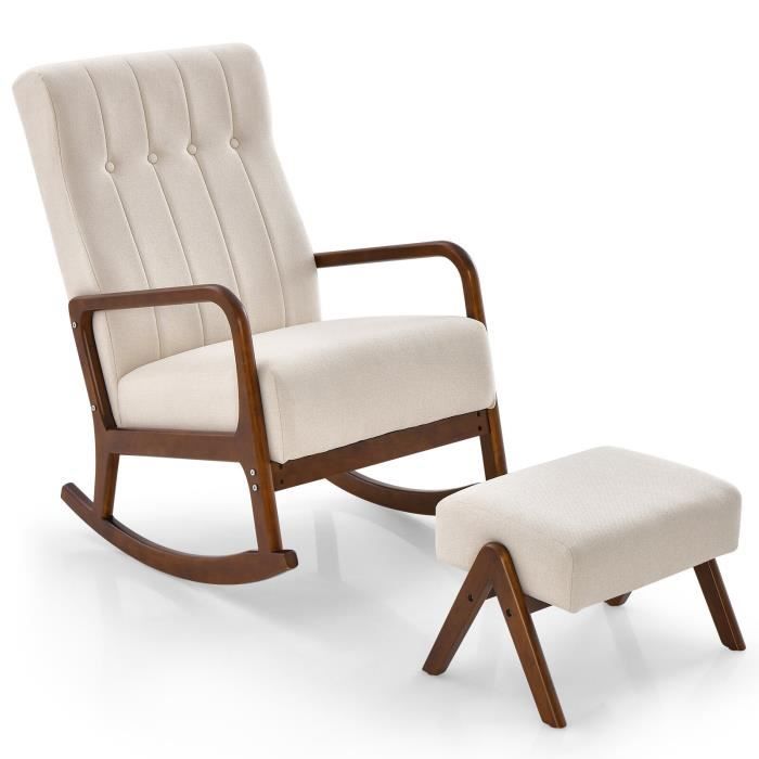 COSTWAY Fauteuil à Bascule avec Ottoman en Tissu Rembouré Cadre en Bois dHévéa Massif et Coussin Rembourré Capitonné Beige COSTWAY Fauteuil à Bascule avec Ottoman en Tissu Rembouré Cadre en Bois dHévéa Massif et Coussin Rembourré Capitonné Beige