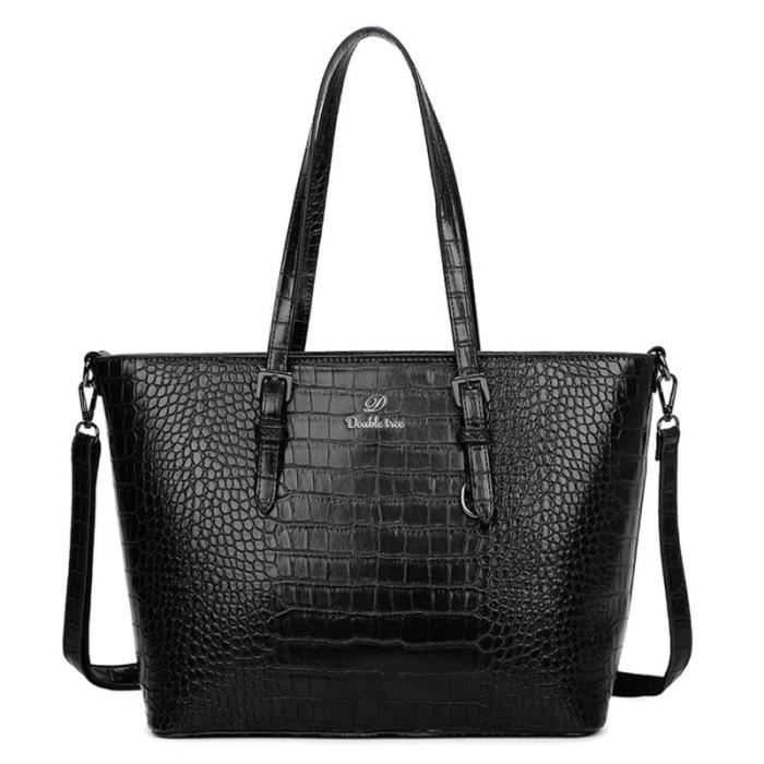 Sac À Main Cabas Bandoulière Femme Double Tree - Noir - Similicuir Crocodile - Format A4 Cours Lycée