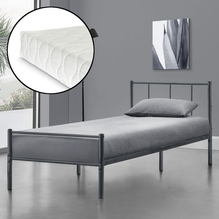 cadre de lit simple avec matelas laos 90x200 cm gris foncé mat [en.casa] [neu.haus]