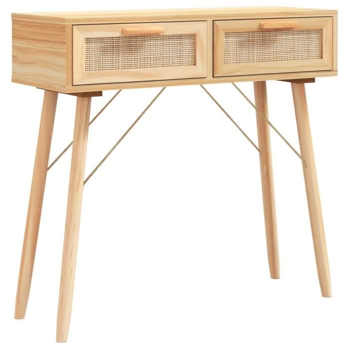 Table console - ESTINK - 80x30x75 cm - Bois massif pin - Rotin naturel - Marron