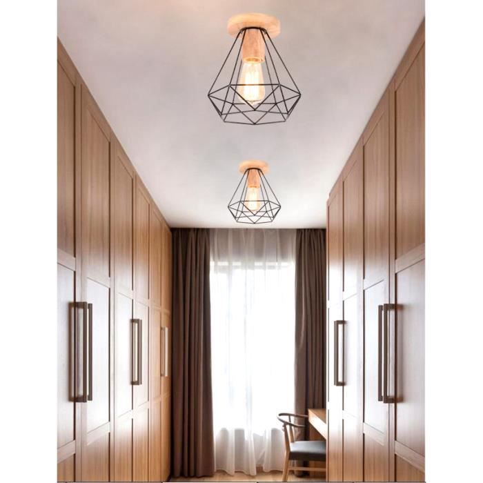 Lustre Plafonnier Industriel Vintage 2 Lampes – Abat-jour Métal Et Bois 14cm, Suspension E27 Pour Salon, Cuisine, Chambre Ou Couloir