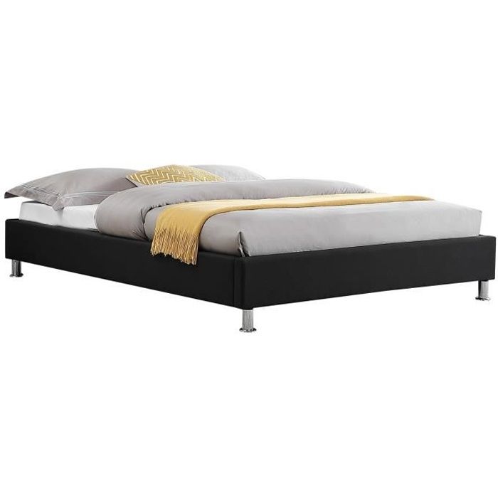 lit futon double pour adulte nizza 140x190 cm 2 places / 2 personnes, avec sommier et pieds en métal chromé, tissu noir