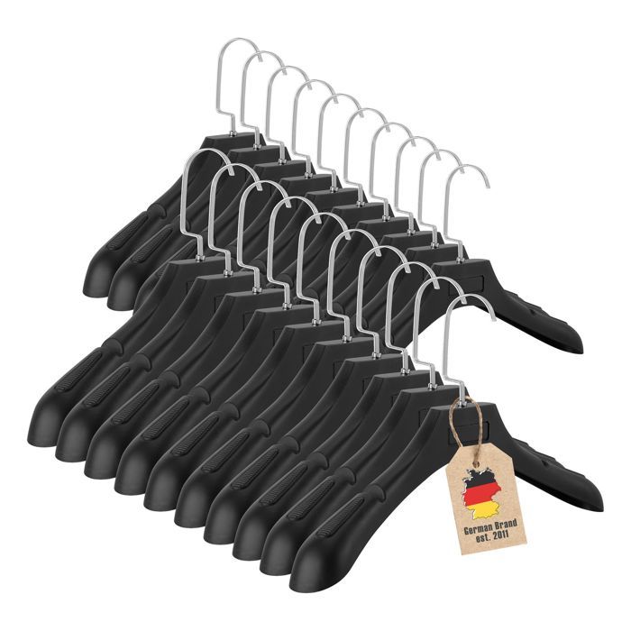 Cintres larges noirs lot de 20 en plastique antidérapant à encoches - 39 x 4 x 15 cm - vêtements costumes vestes manteaux