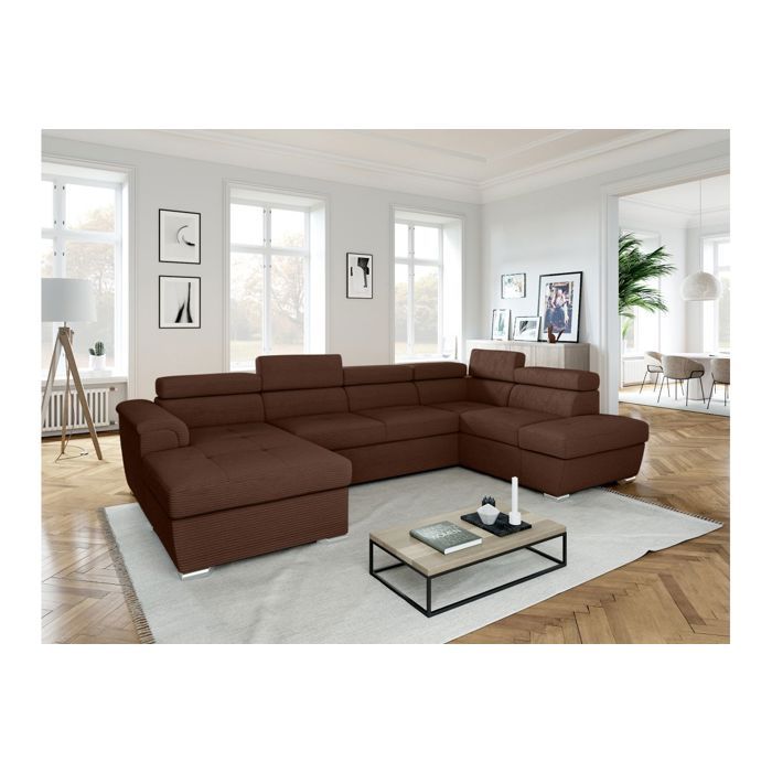 Canapé panoramique 6 places PAOLA convertible avec 2 coffres en velours côtelé - Marron - L320 5 x P188 x H76cm - LOUNGITUDE Canapé panoramique 6 places PAOLA convertible avec 2 coffres en velours côtelé - Marron - L320 5 x P188 x H76cm - LOUNGITUDE