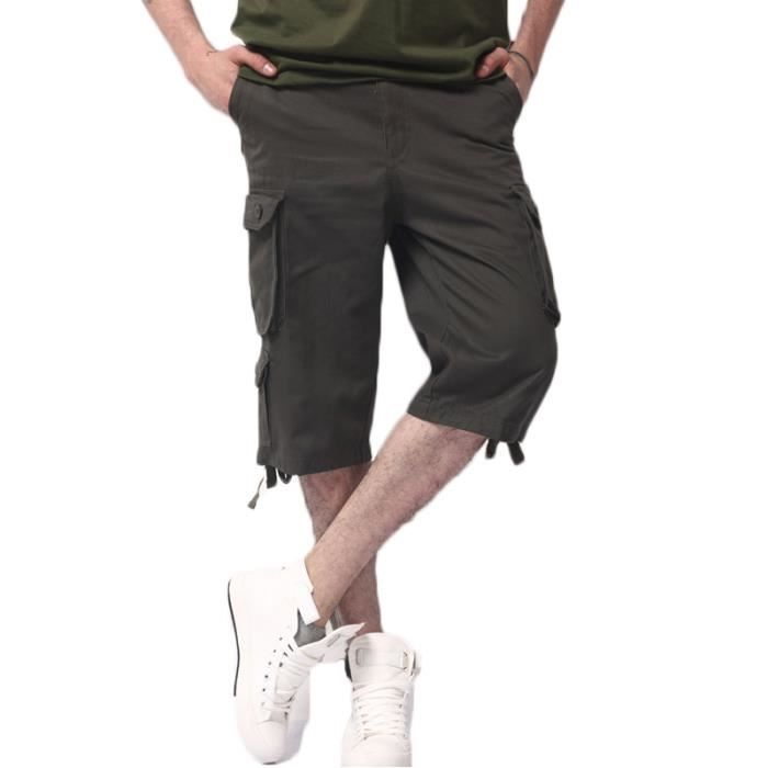 Pantacourt Homme Cargo 3/4 - Coupe Décontractée Rétro - Taille élastique Avec Cordon - Multi-poches