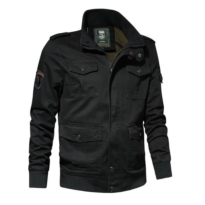 Blouson Homme Col Montant Style Militaire Multipoches Broderie Couleur Unie AIEVIS Noir Cdiscount Pret a Porter