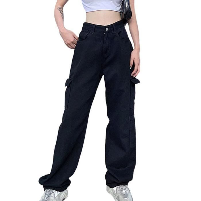 Jeans Taille Haute Pour Fille - Pantalon Cargo Noir Décontracté à Poches Multiples, Coupe Droite Et Confortable