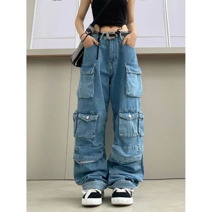Pantalon Cargo femmes - Bleu Délavé Multi Poches Jean Taille - FR90KZ 1