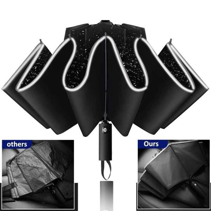 Parapluie inversé Coupe-Vent de Voyage avec revêtement en téflon et Bandes réfléchissantes, 10 côtes compactes inversées Parapluie Pliable Automatique