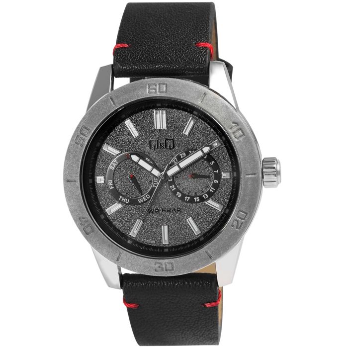 Montre - Q&Q - AA34J312Y - Cadran gris - Bracelet cuir noir - Étanchéité 5 ATM