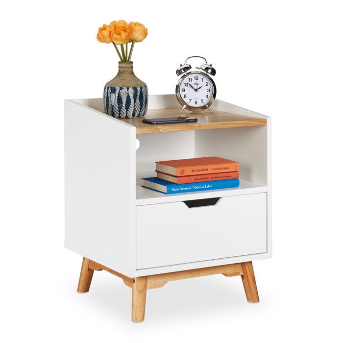 Table De Chevet Relaxdays Blanc Et Nature - Meuble 1 Tiroir Design Moderne 60x40x30cm