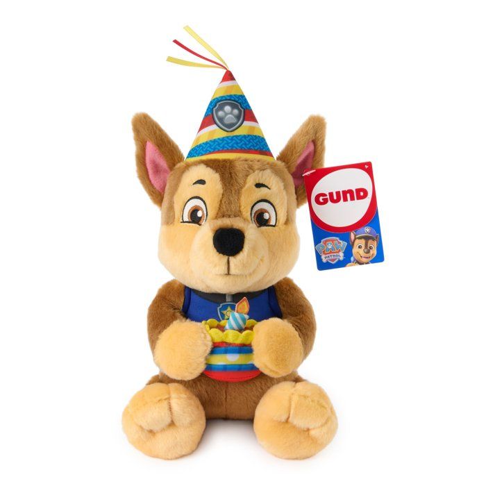 Peluche câlin Anniversaire Chase la Pat Patrouille - SPIN MASTER - 25 cm - Peluche douce - GUND - A partir de 12 mois