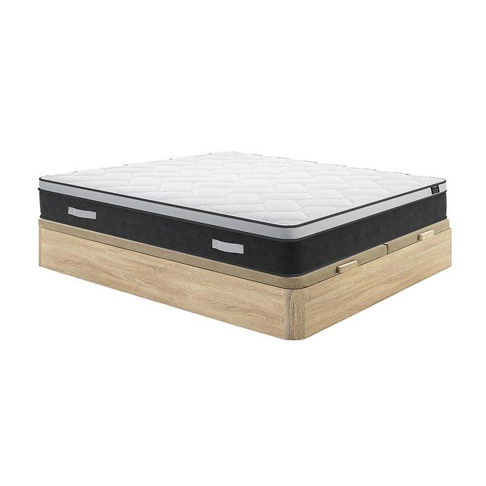 Ensemble 180 x 200 cm sommier coffre naturel clair + matelas hybride ressorts ensachés et mémoire de forme ép.25cm - ASTRIA Art