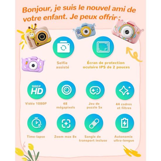 Appareil Photo Enfant 1080P - Écran 2 Pouces, 44 Cadres, 5 Jeux - Cadeau 3 à 10 Ans - 2