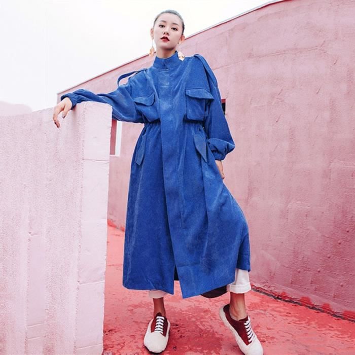 Manteau Trench Coat Long en velours c tel bleu pour femme coupe