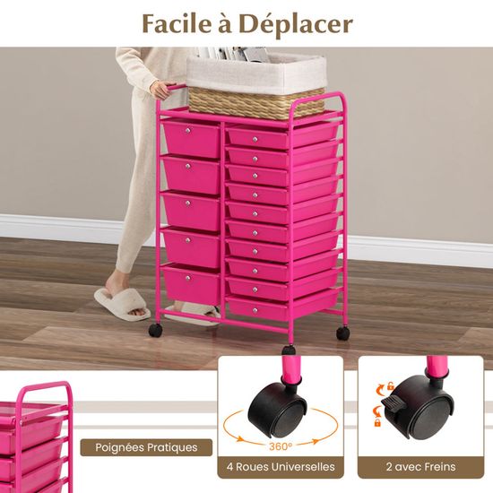 Chariot de rangement rose vif à roulettes avec douze tiroirs pour maison et bureau Chariot de rangement rose vif à roulettes avec douze tiroirs pour maison et bureau