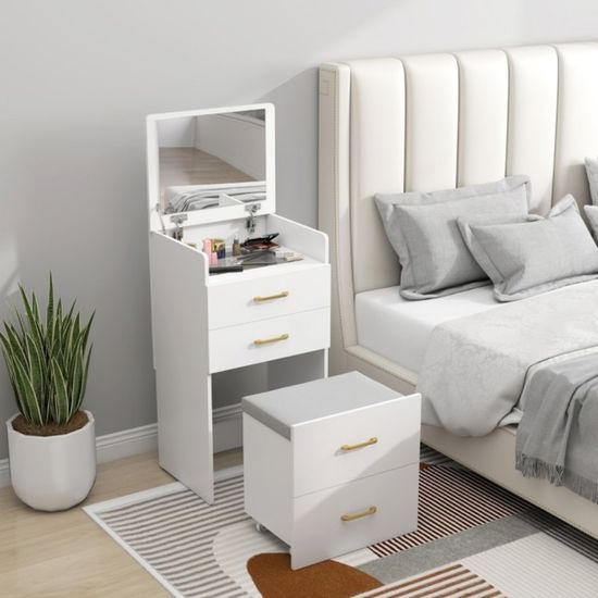 Coiffeuse Led Table De Maquillage Avec Tabouret Miroir Ovale + 1 Tiroir Bois Style Moderne - Maison