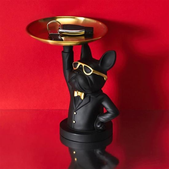 Vide-Poche Sculpture Bulldog Blanc Lunettes Dorées – 23 Cm, Résine, Organisateur Clés Et Bijoux, Déco Moderne Et Ludique Pour Entrée Salon