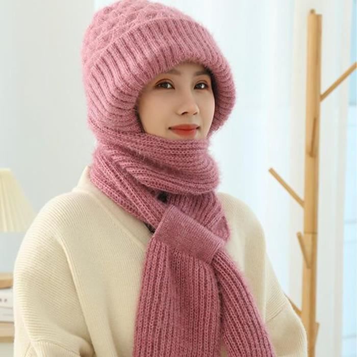 Bonnets d'hiver 2 en 1 pour femmes, écharpe en laine tricotée