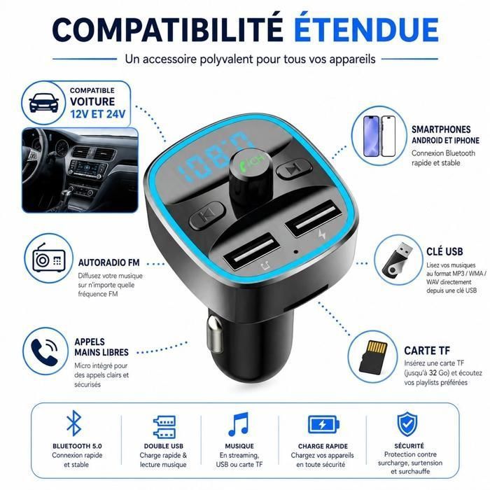 Bluetooth 5.0 Transmetteur Fm De Voiture Sans Fil Adaptateur 2 Chargeur
