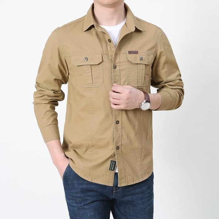 Homme Classique Cotton Chemise Cargo Bomber Casual Chemise de Travail a Manches Longue Chemises Cargo Decontractee Kaki Kaki Cdiscount Pret a Porter