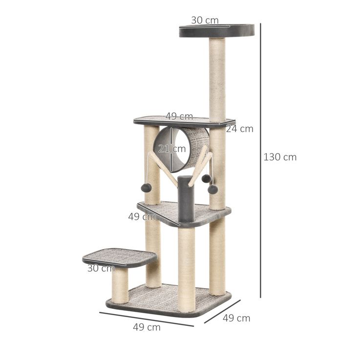 Arbre à Chat PawHut 174 Cm - Griffoirs Sisal, 3 Lits, 2 Niches, Gris, Peluche Douce, Stable Pour 2-3 Chats