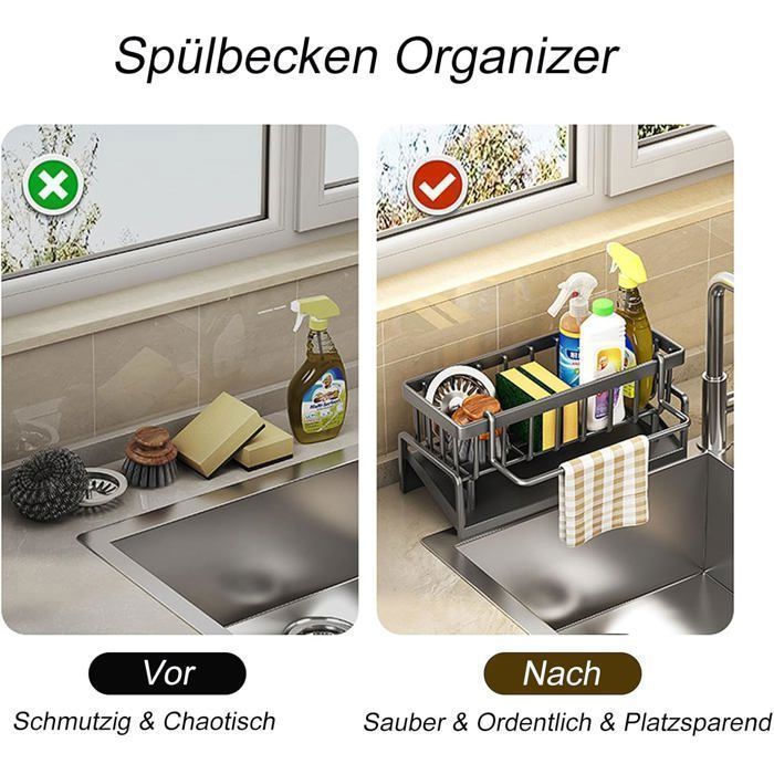 Organisateur Évier Cuisine Porte-Éponge Avec Égouttoir Amovible - Rangement Éponge Chiffons Produits Ménagers Noir Mural Sans Clou
