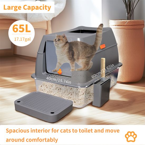 Bac à Litière Pour Chat XXL - Acier Inoxydable - Nettoyage Facile - Avec Pelle Et Tapis - Gris