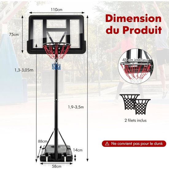 COSTWAY Panier De Basket-Ball Hauteur Réglable 260-305cm, Support De Basketball Mobile Avec Base Rechargeable 2 Roues Jante Et Poteau Resistants Aux Intemperies Pour Interieurexterieur 83832500