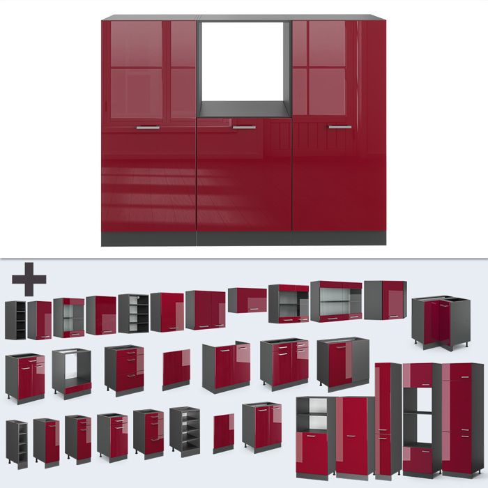 Vicco Meuble cuisine R-Line, Rouge bordeaux Haute brillance, 60cm avec tiroirs, PT Anthracite