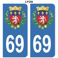 Autocollant Stickers plaque immatriculation voiture auto 69 Bleu Blason Ville Lyon Lot de 2