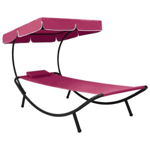 CHAISE LONGUE Lit de repos transat chaise longue d exterieur 200 cm avec auvent et oreiller rose