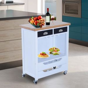 Chariot Desserte De Cuisine Multi Rangements Sur Roulettes Bois Massif Et Mdf 70l X 40l X 86h Cm Blanc Neuf 21