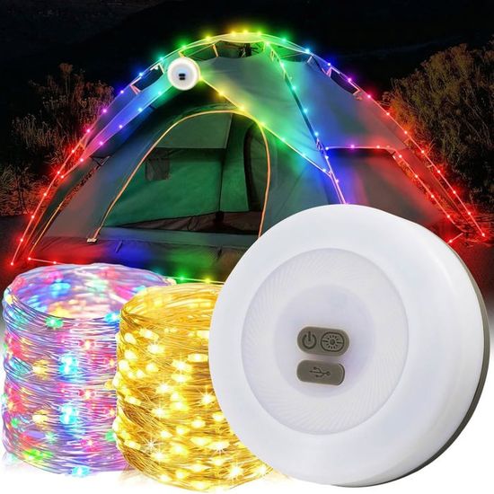 Guirlande lumineuse de camping (10 m) - Lanterne de camping 2 en 1 - Étanche - Portable - Avec 5 modes d'éclairage - USB et rechargeable - Pour camping, cour, randonnée, décoration