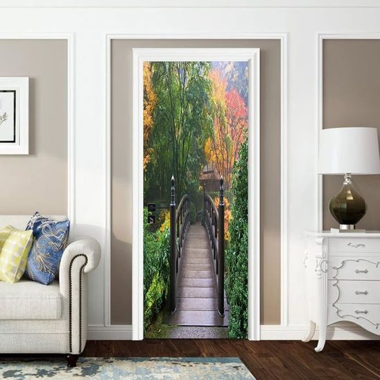Sticker Porte Trompe L'Oeil 3D Chemin Lavande Forêt - Autocollant Déco Murale HD 77x200cm