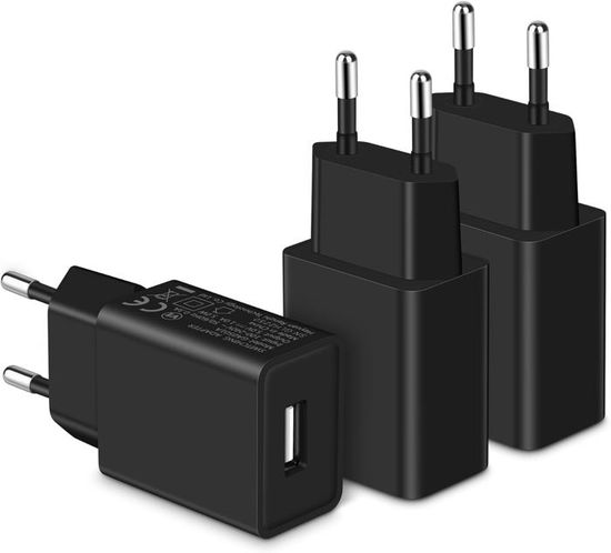 Caricatore USB 5V 1A (5W) – Confezione Da 3 – Alimentatore A Spina Compatto E Leggero – Per IPhone, Samsung, Huawei, Tablet, Powerbank, Cuffie Bluetooth E Altro – Nero