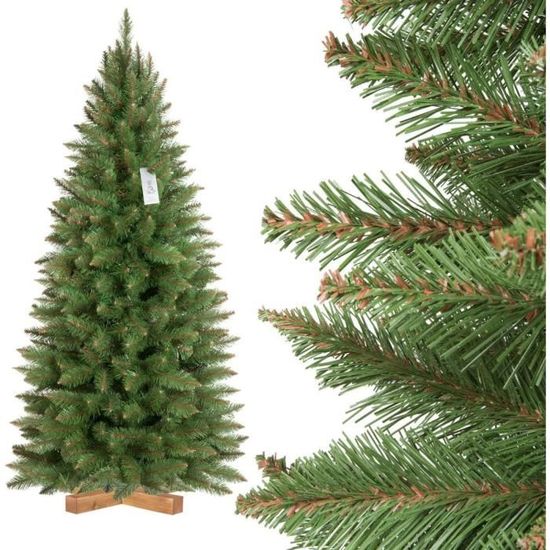 FAIRYTREES Sapin de Noël Artificiel, Épicéa Naturel Slim, Tronc Vert, matériel PVC, Socle en 
