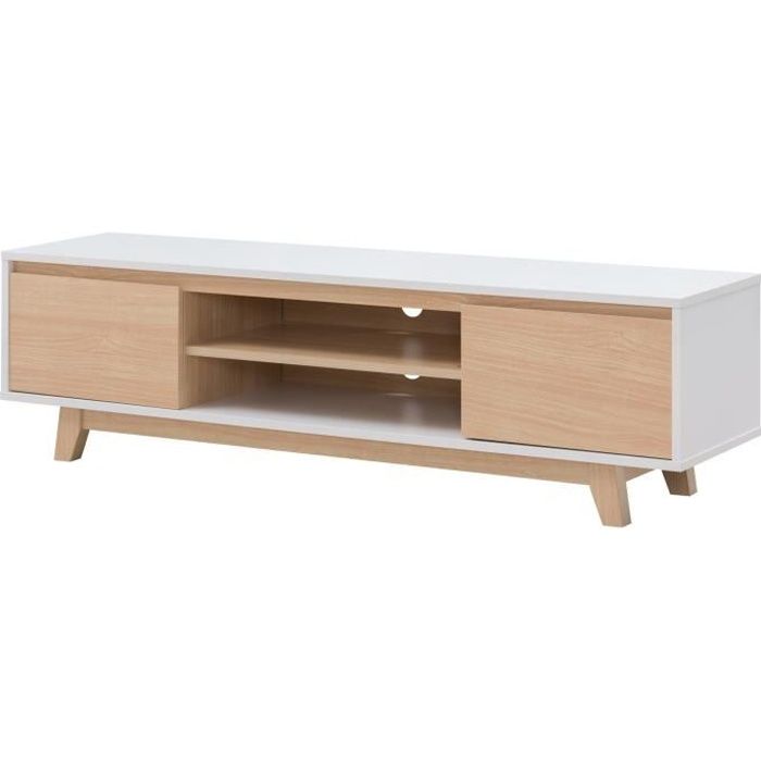 FJORD Meuble TV scandinave blanc et décor bois érable - L 160 cm