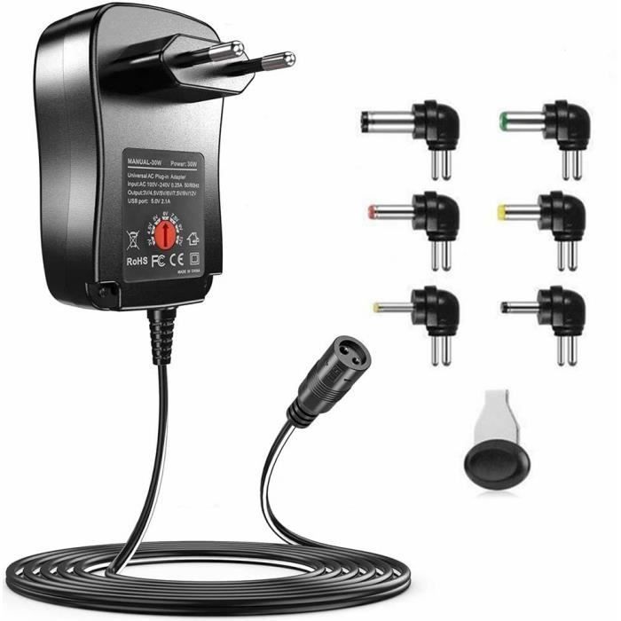 30W Bloc d’Alimentation Universel AC DC 3V / 4.5V / 5V / 6V / 7.5V / 9V / 12V avec 6 Embouts Amovibles