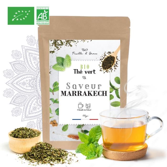 Saveur Marrakech -Thé Vert Aromatisé Bio -Fruits mélangés -Feuilles en Vrac -Plantes naturelles pour Infusion de qualité -Poids 100g