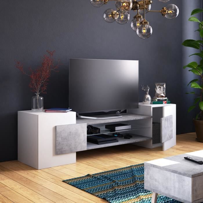 Meuble TV / Meuble de salon - GAELIN - 160 cm - blanc mat / béton - sans LED - style contemporain - design moderne