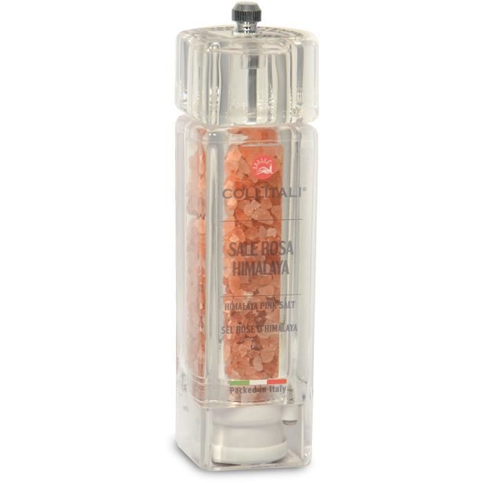 COLLITALI Moulin carré acrylique rechargeable, mécanisme céramique, visse règlage mouture, Sel HIMALAYA 80 g