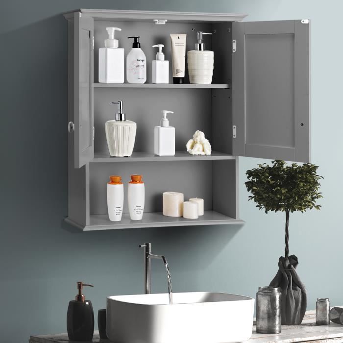 DREAMADE Armoire Murale de Salle de Bain, Meuble Placard de Rangement Toilettes avec 2 Portes&Étagère Réglable, 60X20X70CM, Gris