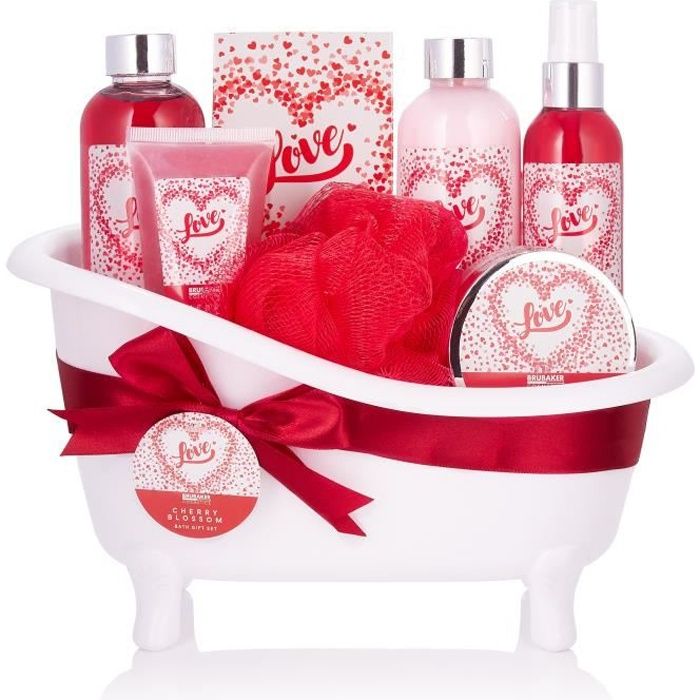 BRUBAKER Cosmetics Coffret de bain & douche - 7 pcs. - dans une baignoire décorative - Idée cadeau - Love - Fleur de cerisier