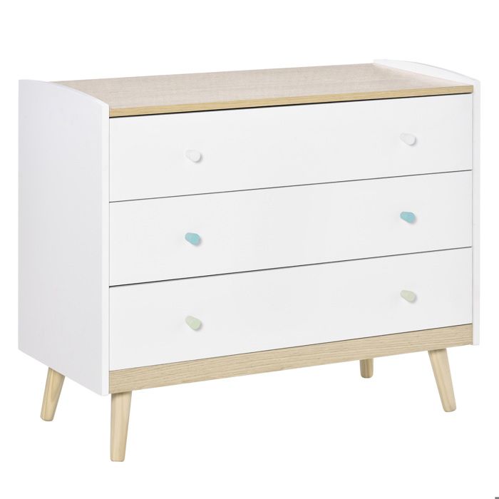 Commode 3 tiroirs design scandinave meuble de rangement chambre MDF blanc aspect chêne clair piètement effilé bois massif de pin