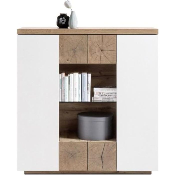Buffet haut HERNING 114 cm laqué blanc mat décor chêne noueux 2 portes 2 tiroirs bi color MDF Inside75