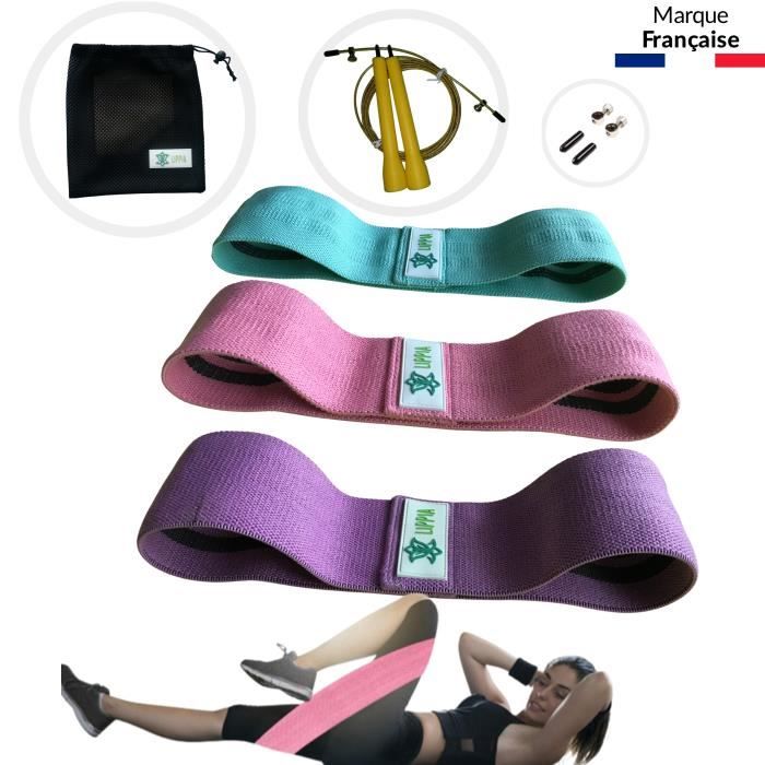 LIPPIA® PACK Bandes tissu élastique Fitness antidérapant rose-violet-vert / 3 niveaux de résistance / une corde à saute Jaune