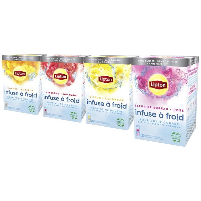 Lot de 4 LIPTON Thés Infuse à Froid 4 Parfums Découverte Boisson d'été, Eau aromatisée healthy, 70 sachets Pyramid (4x 15 Sachets)